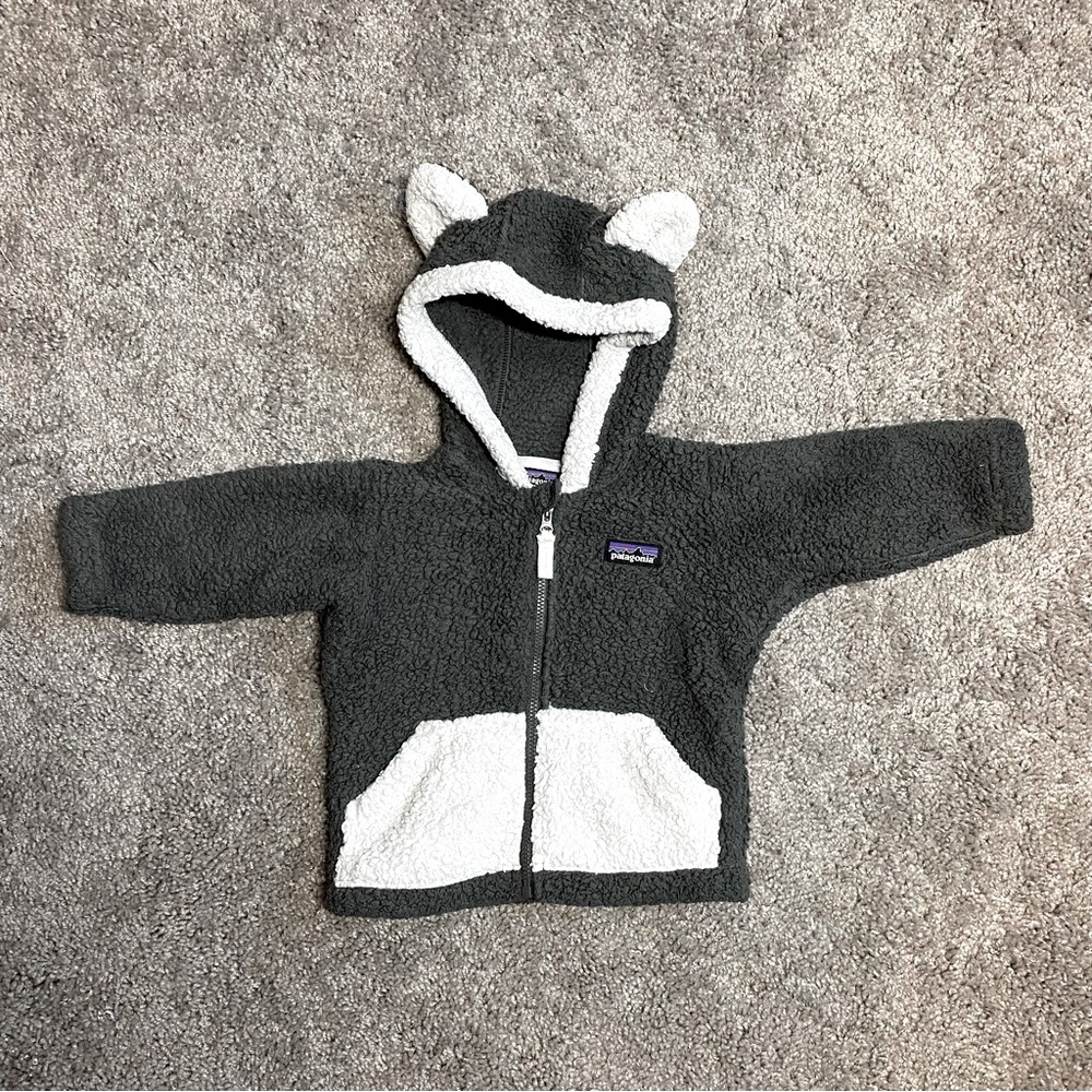 Patagonia Infant Jacket Hoodie 3-6m Ears Gray White Sherpa Fleece Pockets Zipper